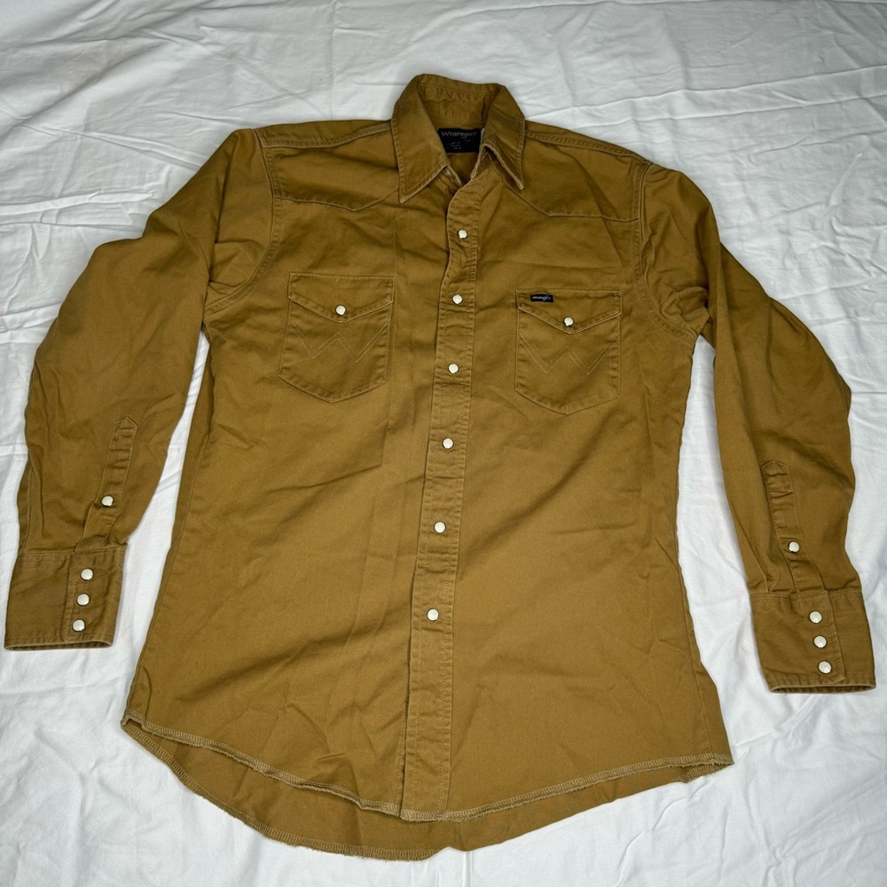 Wrangler Brush Popper Pearl Snap Men's Khaki Shirt 15 1/2-33 X-Long Tail Vintage